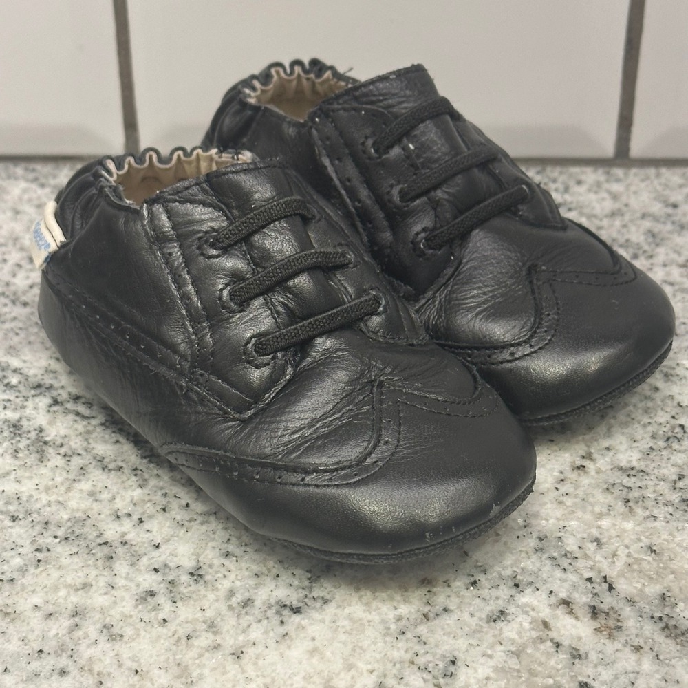 Robeez Toddler US‎ 6 18-24M Leather Wingtip Shoes Black Brogue Elastic Preppy